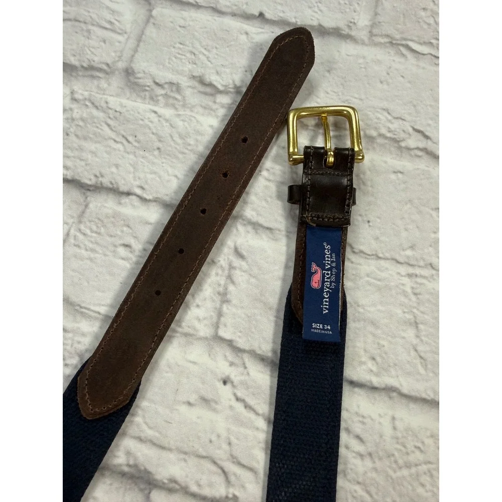 Vineyard Vines Canvas Belt Mens 34 Red White Holiday Stripe Leather